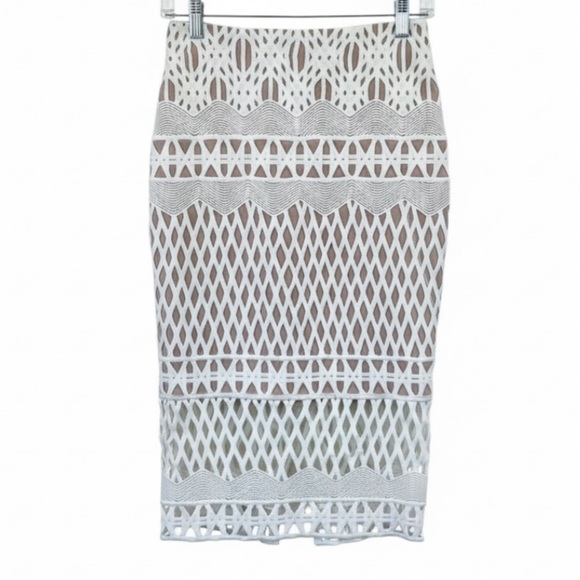 Sheike White Crochet Knit MIDI Skirt With Tan Underlay AUS Size 8/US Size 4 EUC! - Picture 1 of 5